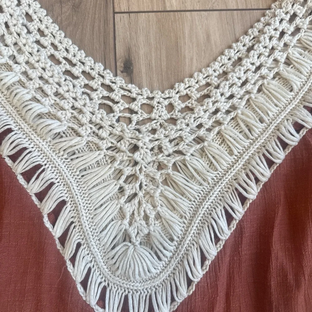 Beautiful Sz S Boho Hippie Crochet Gauzy Striped V-Neck Long Sleeve Top Coverup - Picture 7 of 10